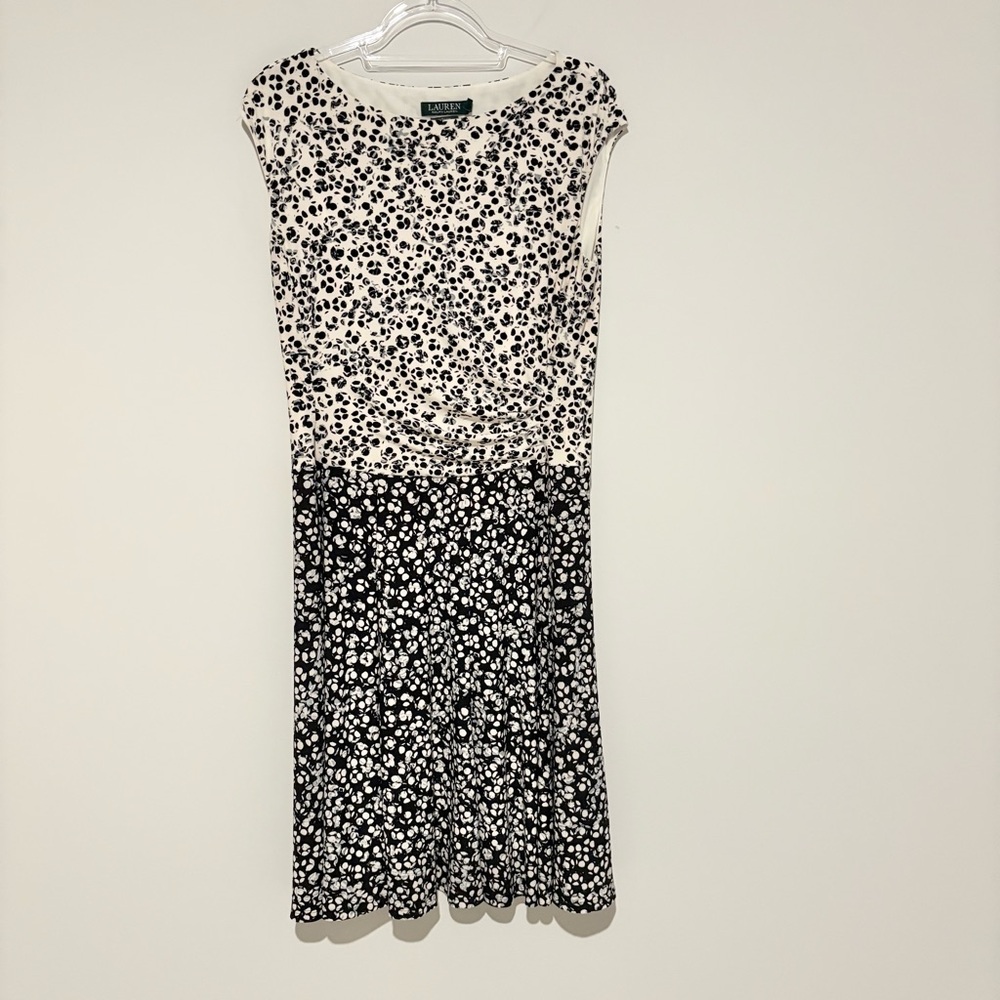 Lauren Ralph Lauren Sleeveless Gathered Polkadot Print dress‎ Black Off-White 12